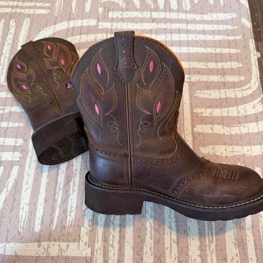 Justin Boots Womens 6.5 B Brown Leather Pink Gold Leaf Western Cowboy GY9526